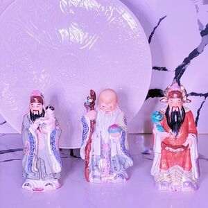 Antique Pastel Colored Fu, Lu, Shou: Three Star Porcelain Good Luck Statue Set
